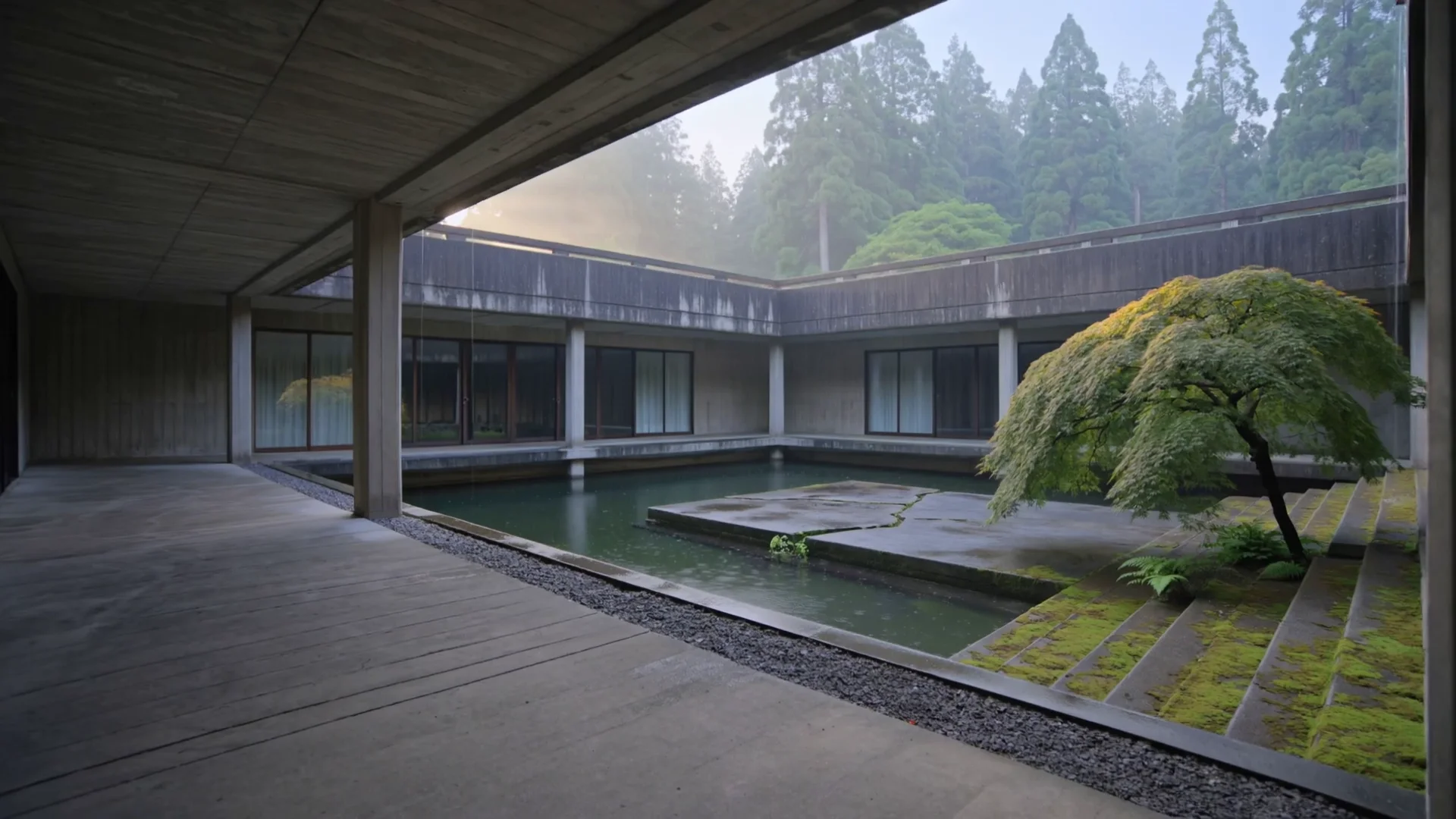 Rain ripples through a moss-covered concrete courtyard in a cedar forest