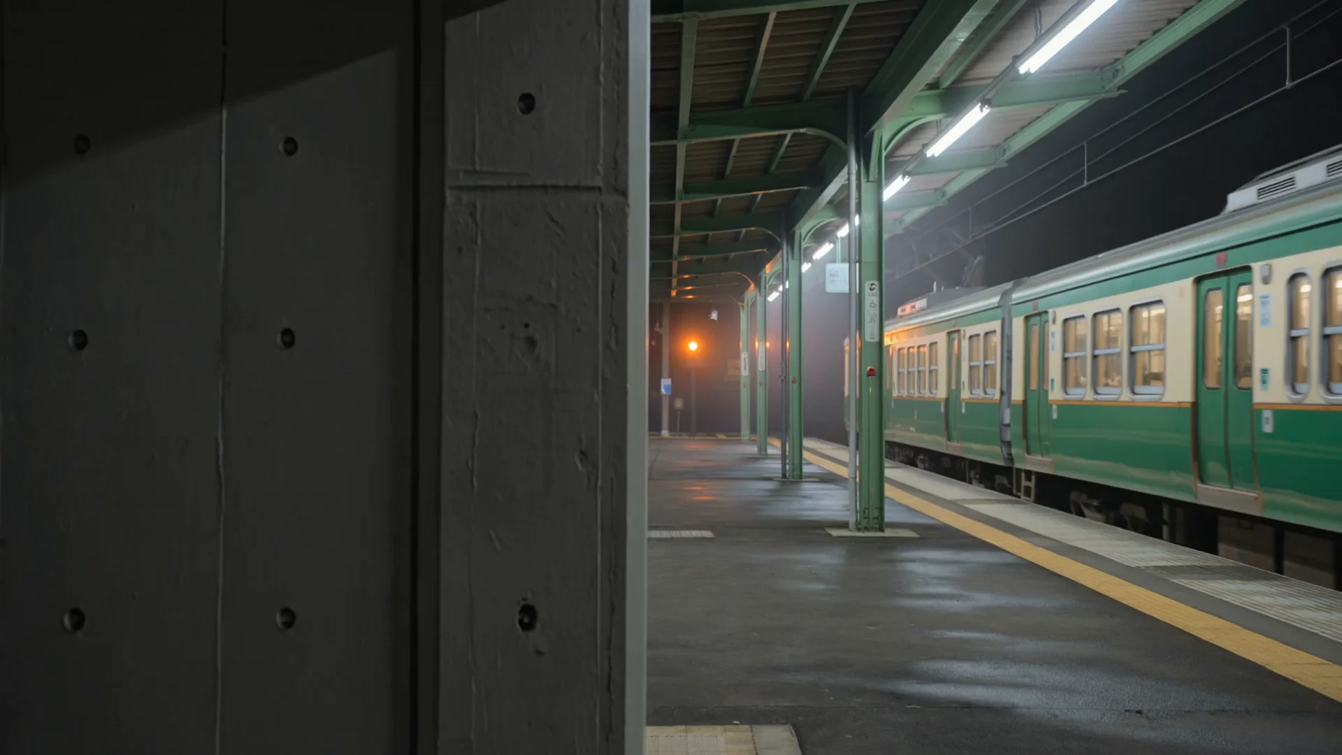 The last train leaving a rain-washed platform