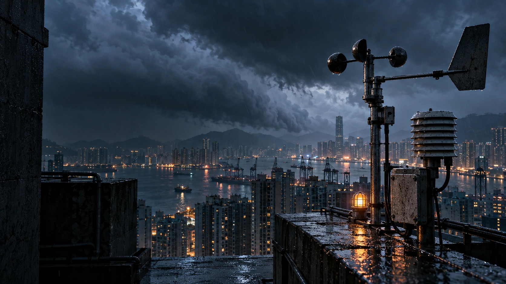 A rooftop weather station overlooking a storm-dark harbour